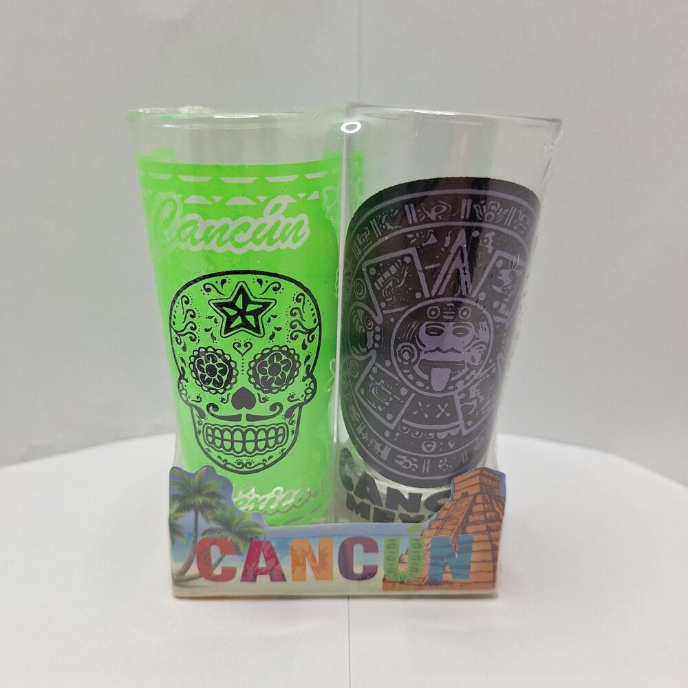 Cancun Mexico Shooter Souvenir 4" Tall Shot Glasses Double Set NEW